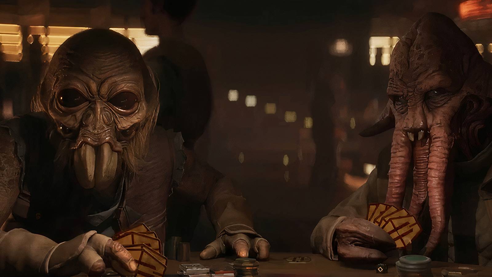 Two characters playing cards in Star Wars Outlaws