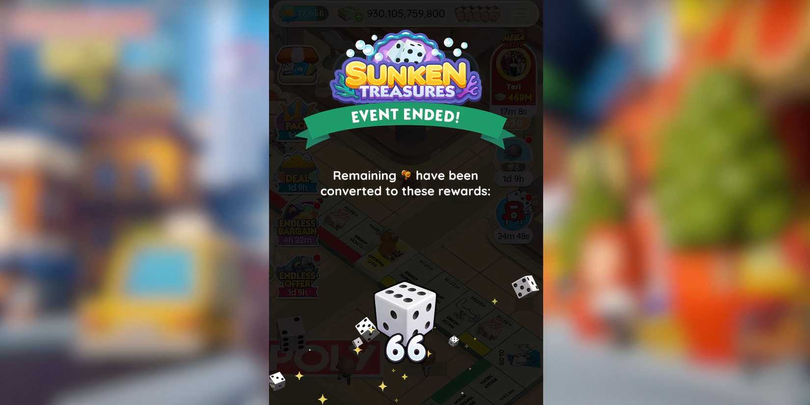 An image showing the Sunken Treasures Tokens being converted to Dice Rolls in Monopoly GO