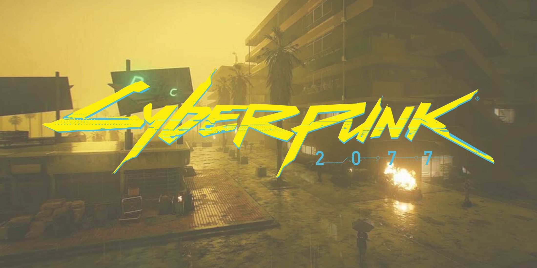 The Cyberpunk 2077 logo in front of the game's Pacifica region 