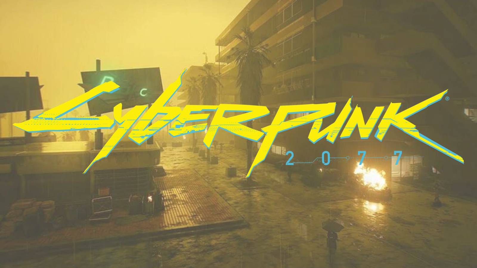 The Cyberpunk 2077 logo in front of the game's Pacifica region 