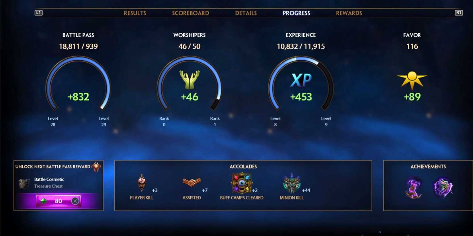 A post-match summary from Smite, showing how many Worshipers a player earned