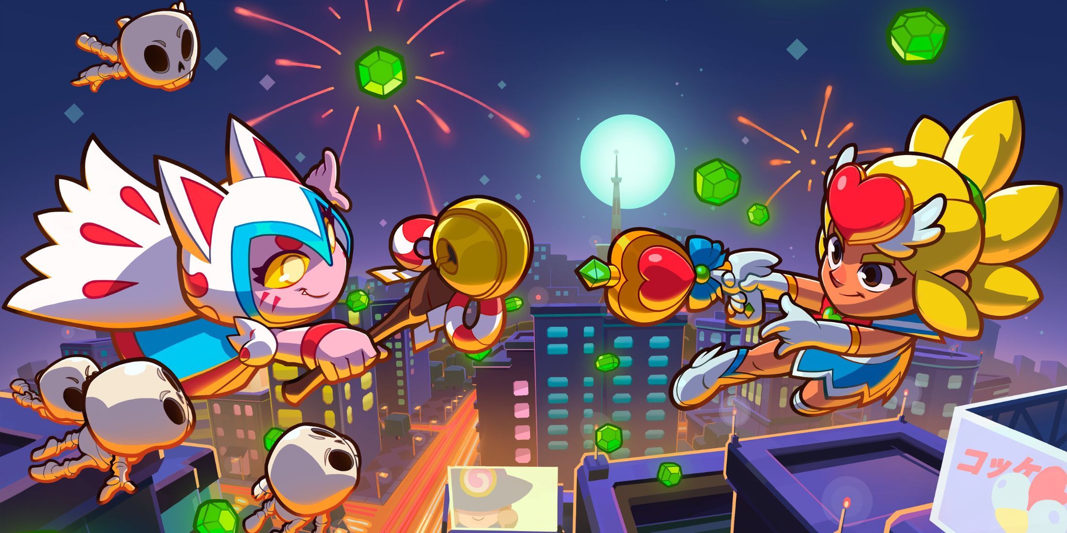 Two Squad Busters characters battling with gems and fireworks in the background