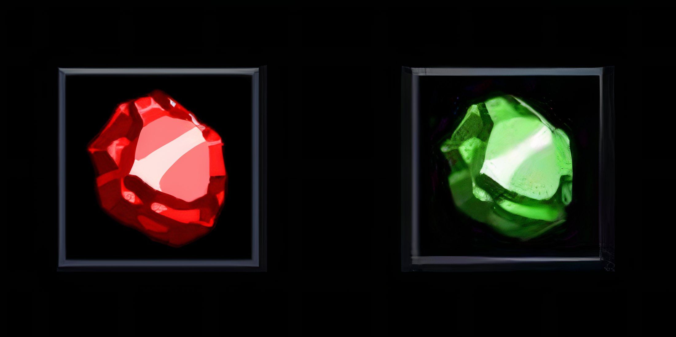 A Flawless Ruby and a Flawless Emerald on a Black Background