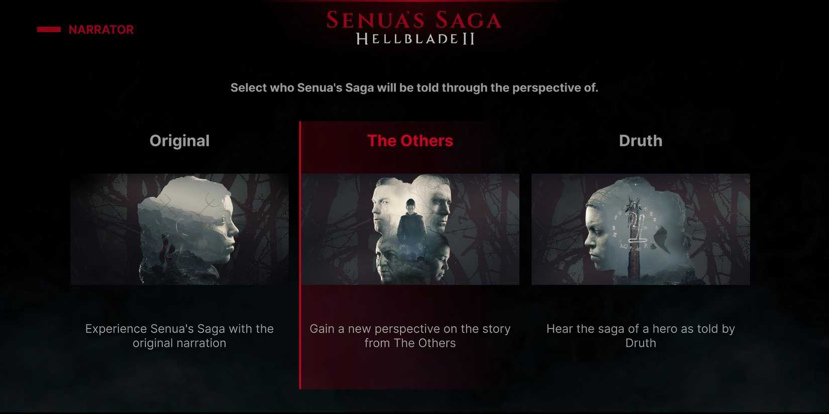 The three narrator options for players who complete the first playthrough of Hellblade 2