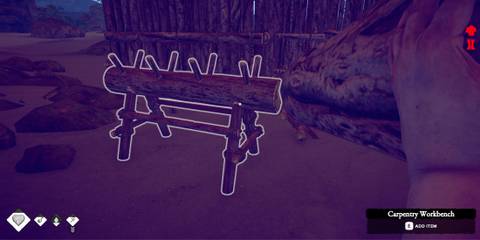 A player carrying a Common Log to a Carpentry Workbench in Survival: Fountain of Youth