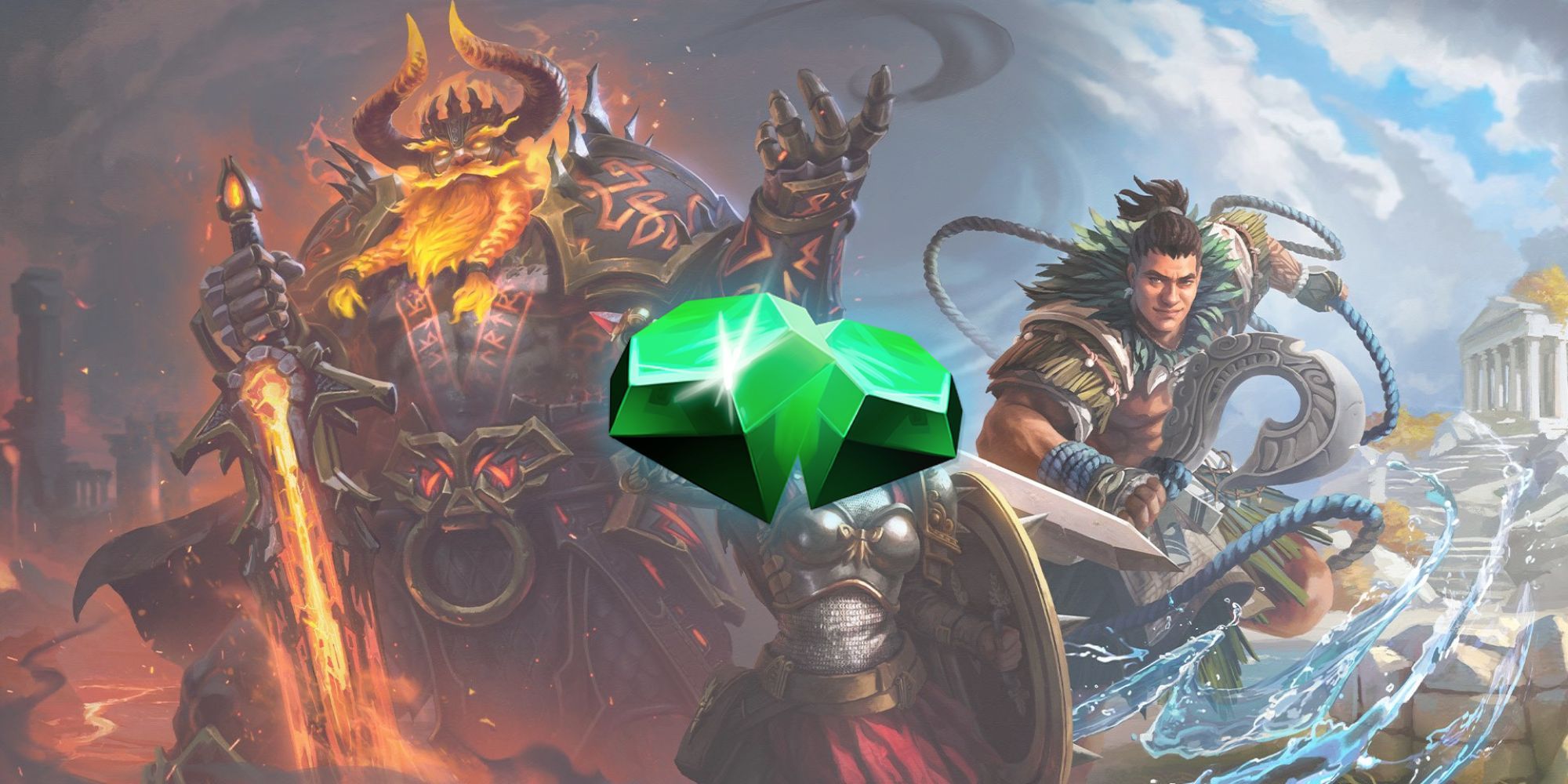 A promotional image for Smite including the god Maui with the icon for Smite Gems in the foreground