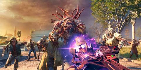 Shooting at a mutant creature and zombies with a futuristic weapon