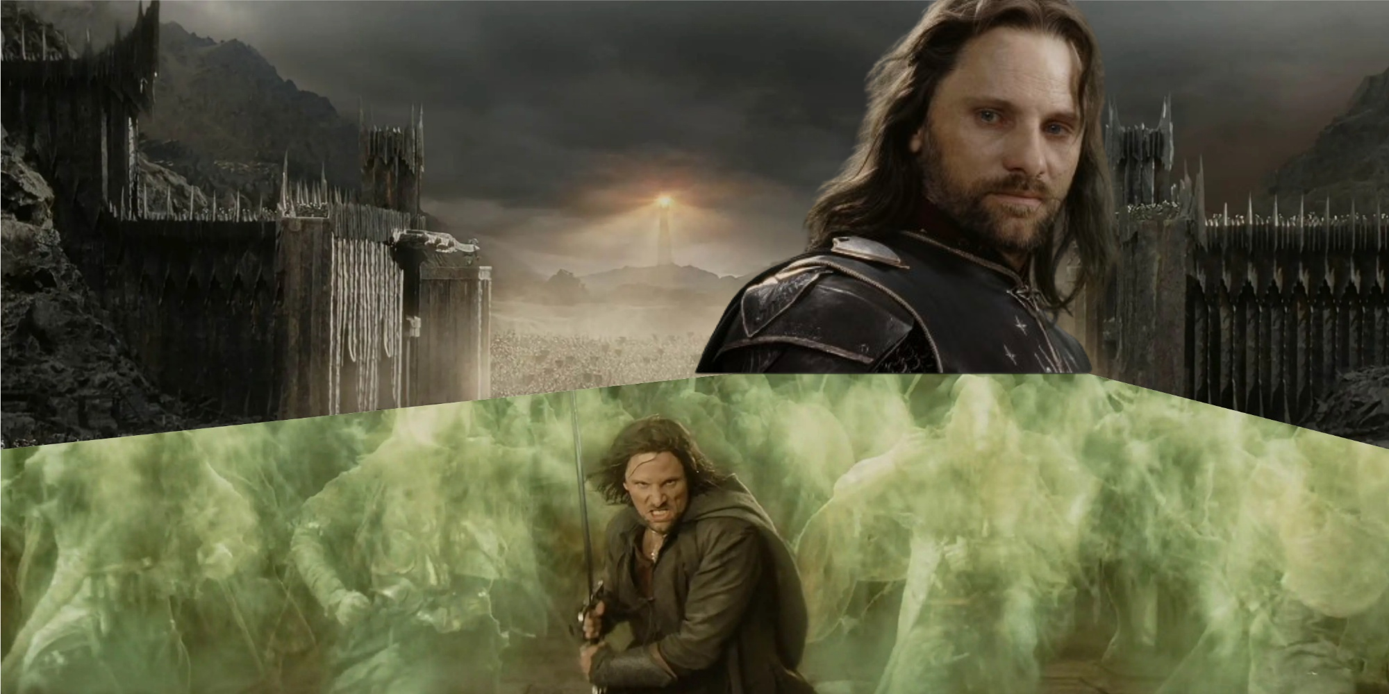 A horizontal split image, top is Aragorn imposed over Mordor in background, bottom is Aragorn leading the Dead Army