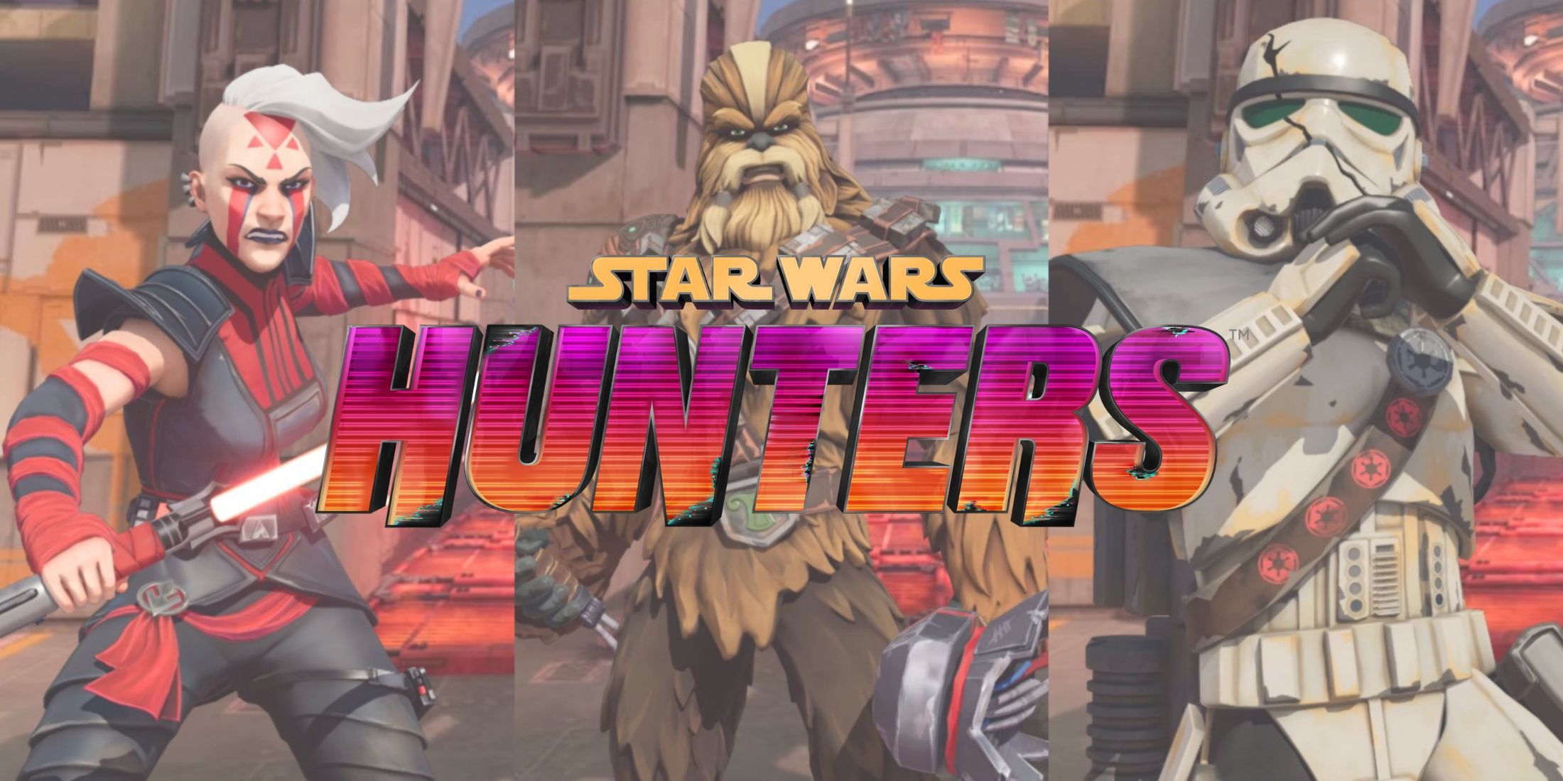 Rieve, Grozz, and Sentinel from Star Wars: Hunters behind the game's logo