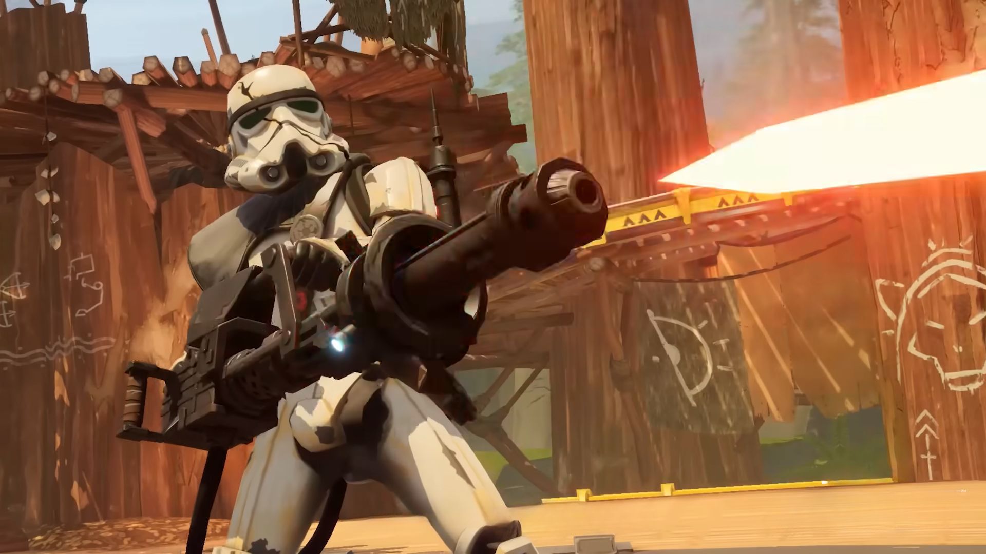Sentinel firing his heavy weapon in the Ewok Village in Star Wars: Hunters
