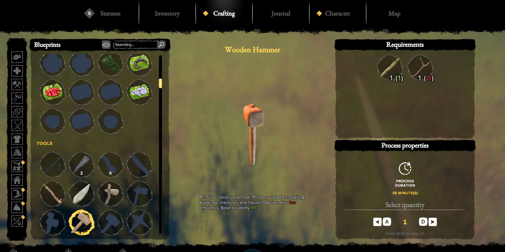 The crafting recipe for a Wooden Hammer in Survival: Fountain of Youth