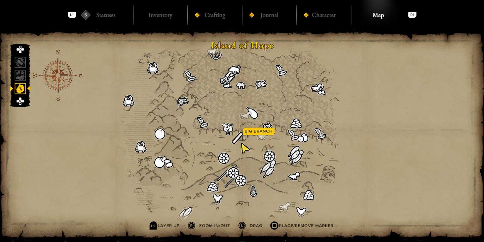 A map from Survival: Fountain of Youth, showing the icon for Big Branches