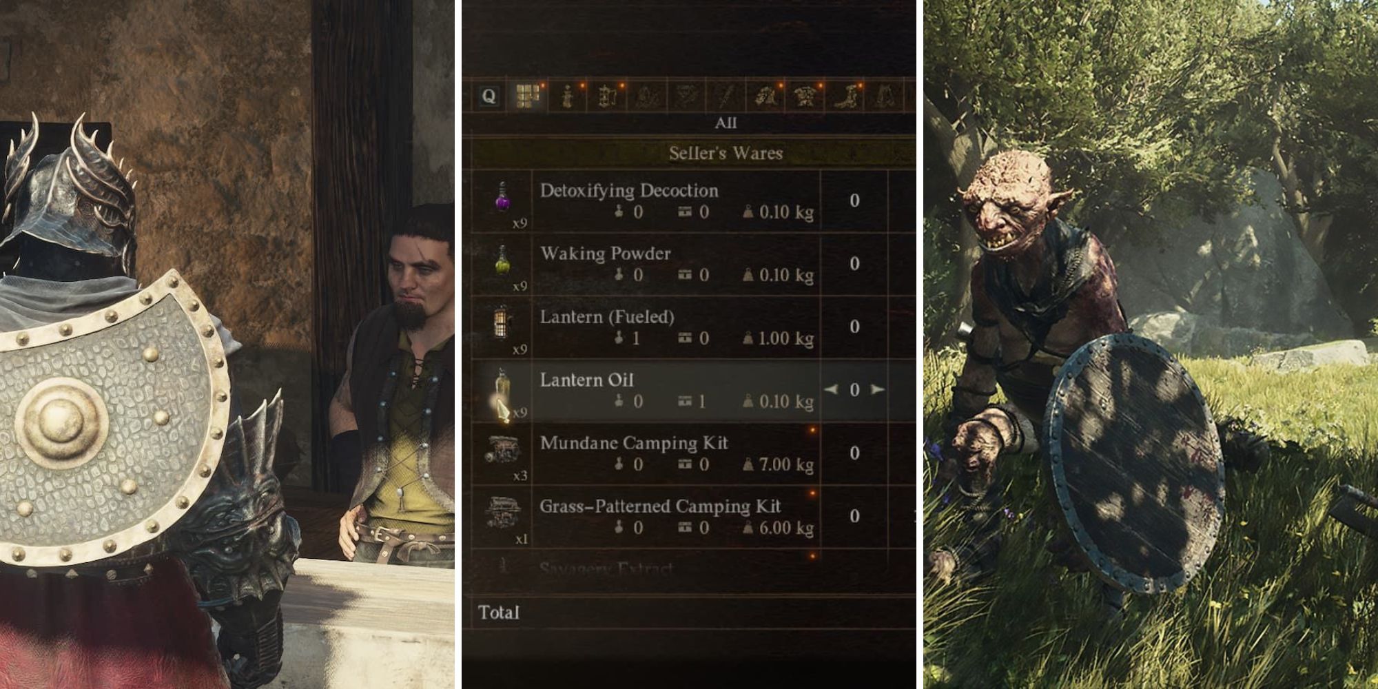 A grid of a person at a merchant, the purchase screen and a goblin in Dragon’s Dogma 2