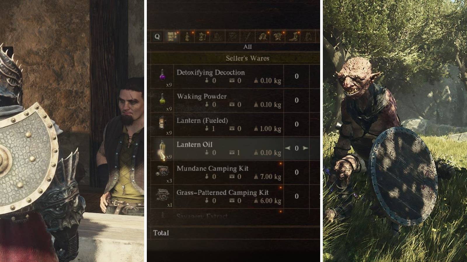 A grid of a person at a merchant, the purchase screen and a goblin in Dragon’s Dogma 2
