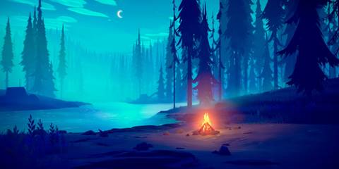 A campfire by a lake in Among Trees