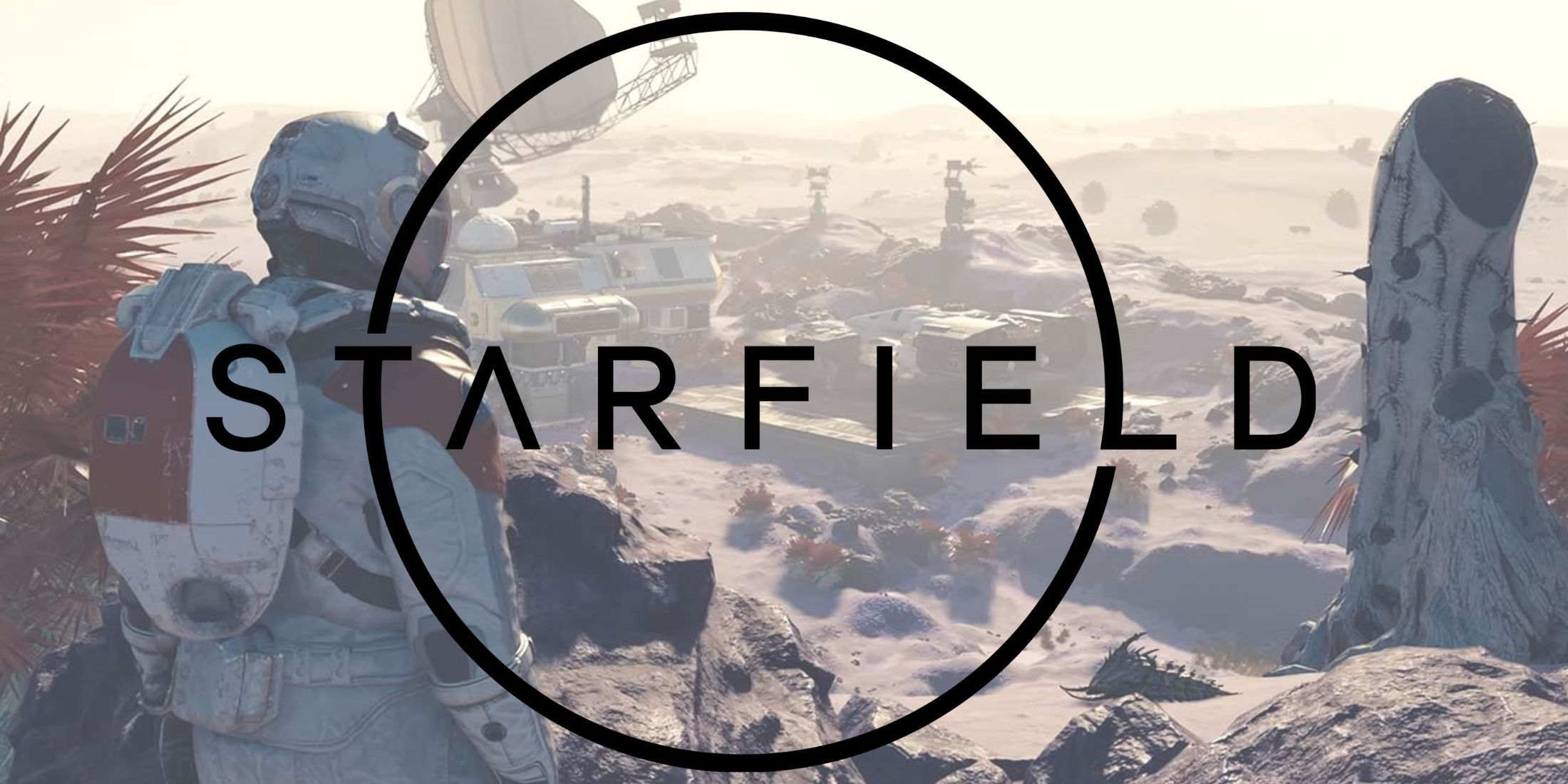 The player character from Starfield looks out on a planet with the game logo in front.