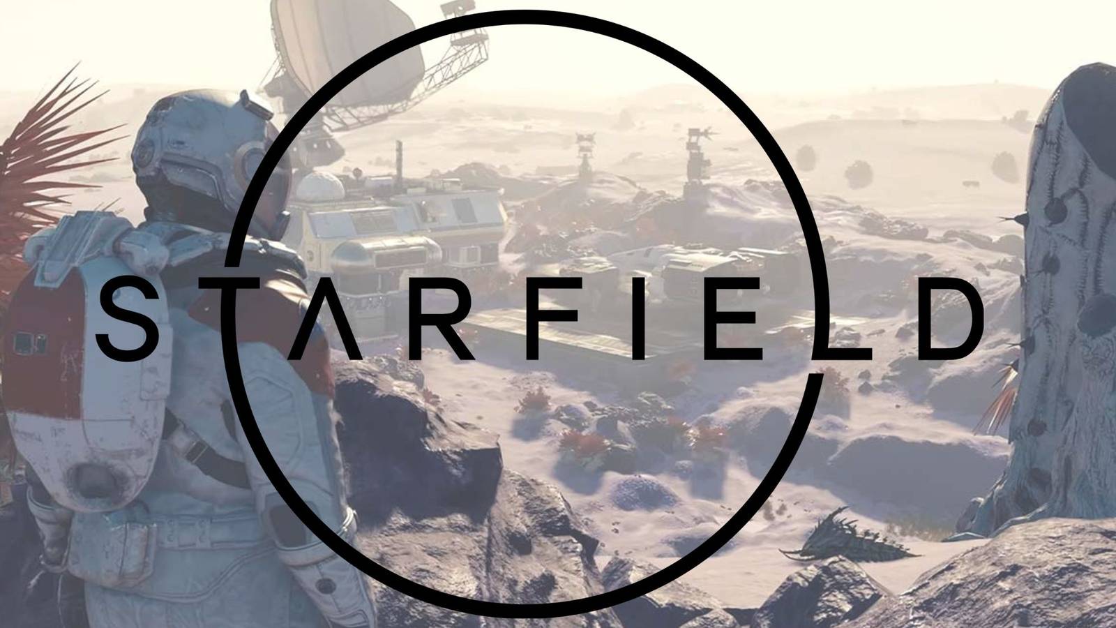 The player character from Starfield looks out on a planet with the game logo in front.