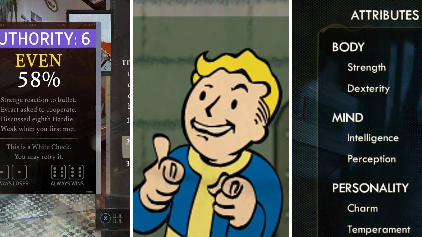 A grid showing the three games Disco Elysium, Fallout 4, and The Outer Worlds