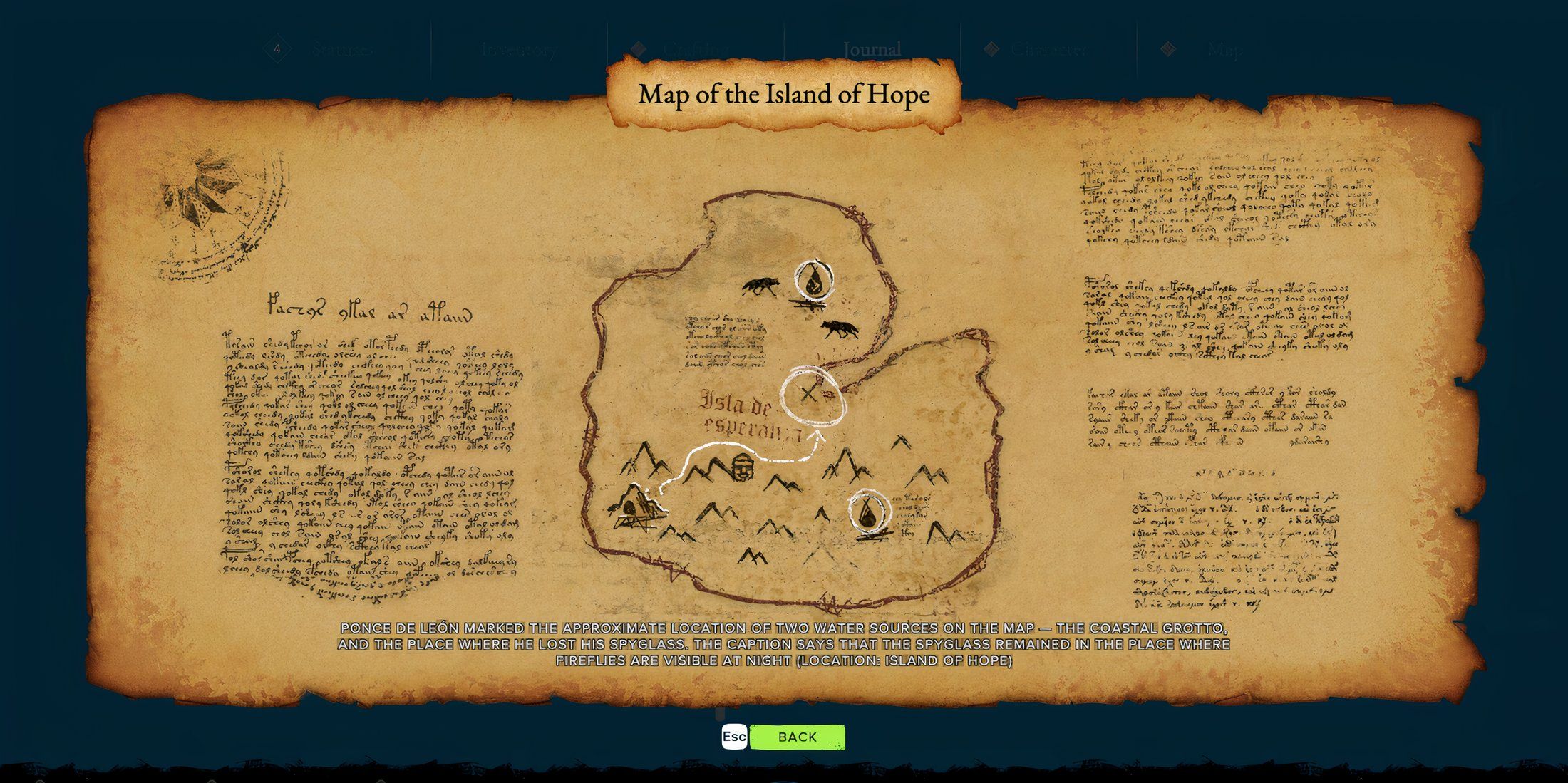 The map of the Island of Hope from Survival: Fountain of Youth, showing the location of Columbus' Spyglass