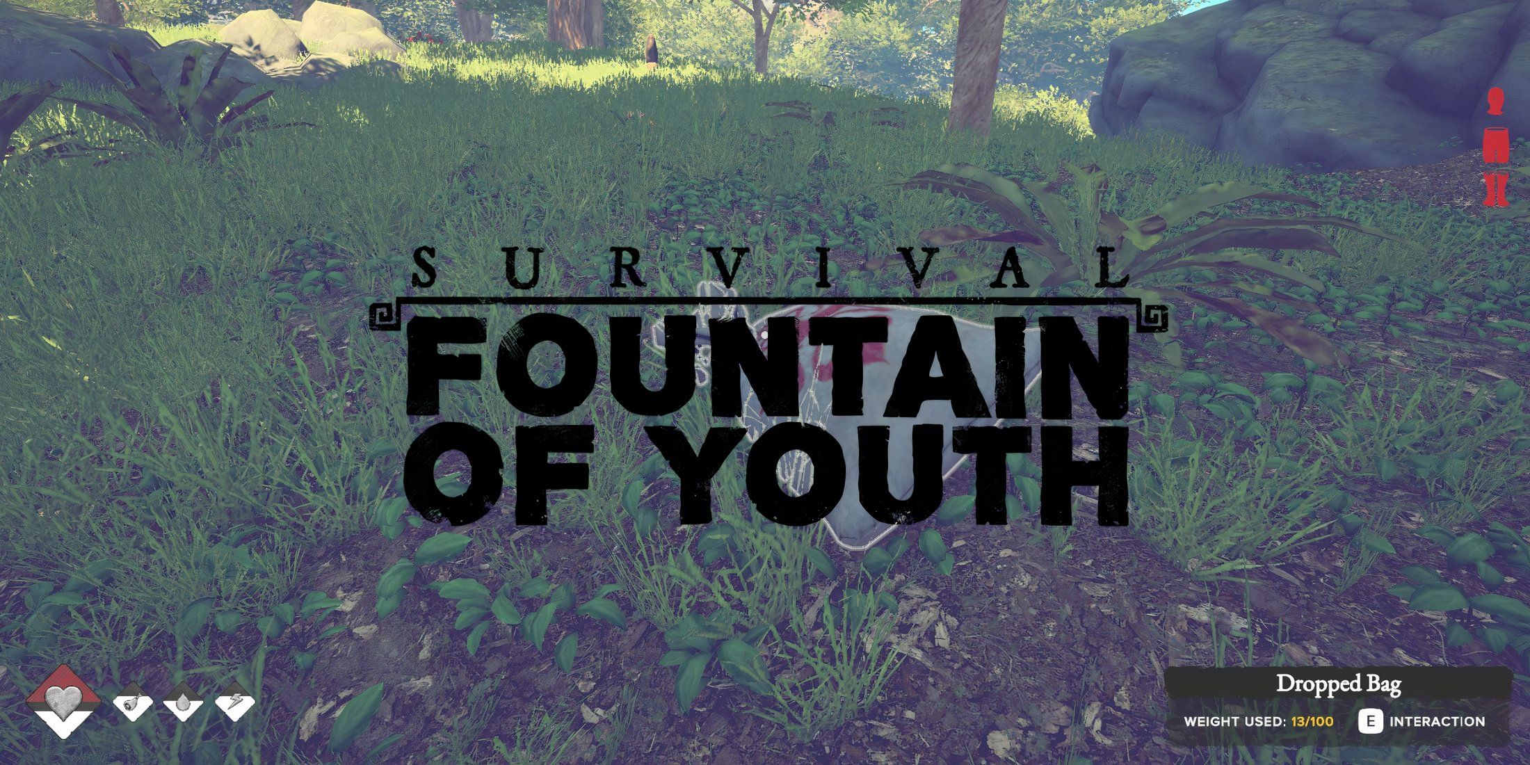 A dropped bag and the logo for Survival: Fountain of Youth