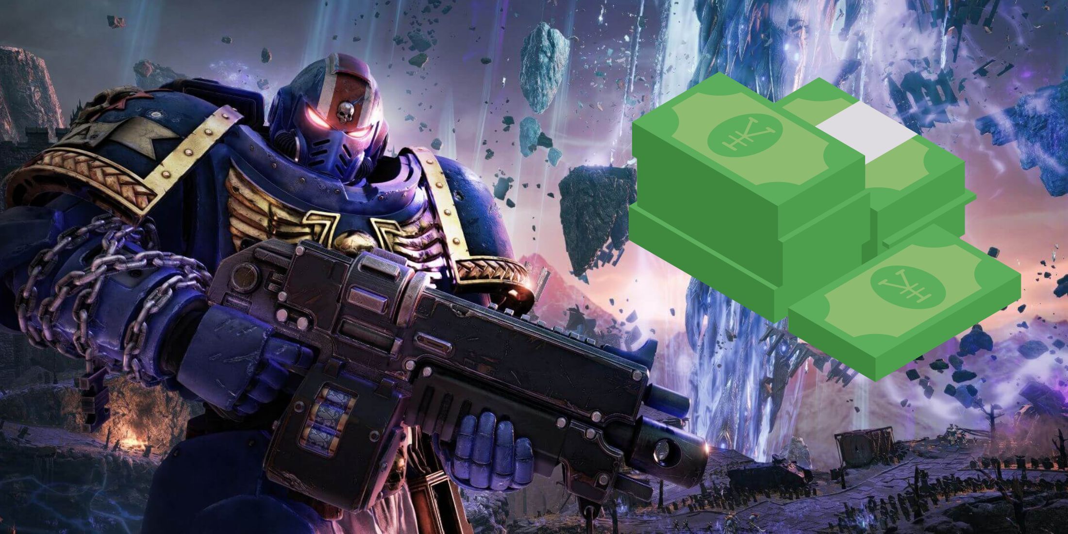 A Warhammer Space Marine next to a cartoonish pile of cash.