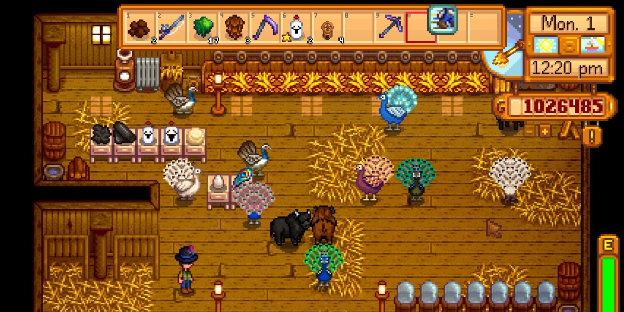 An assortment of Trent’s New Animals in a barn in Stardew Valley