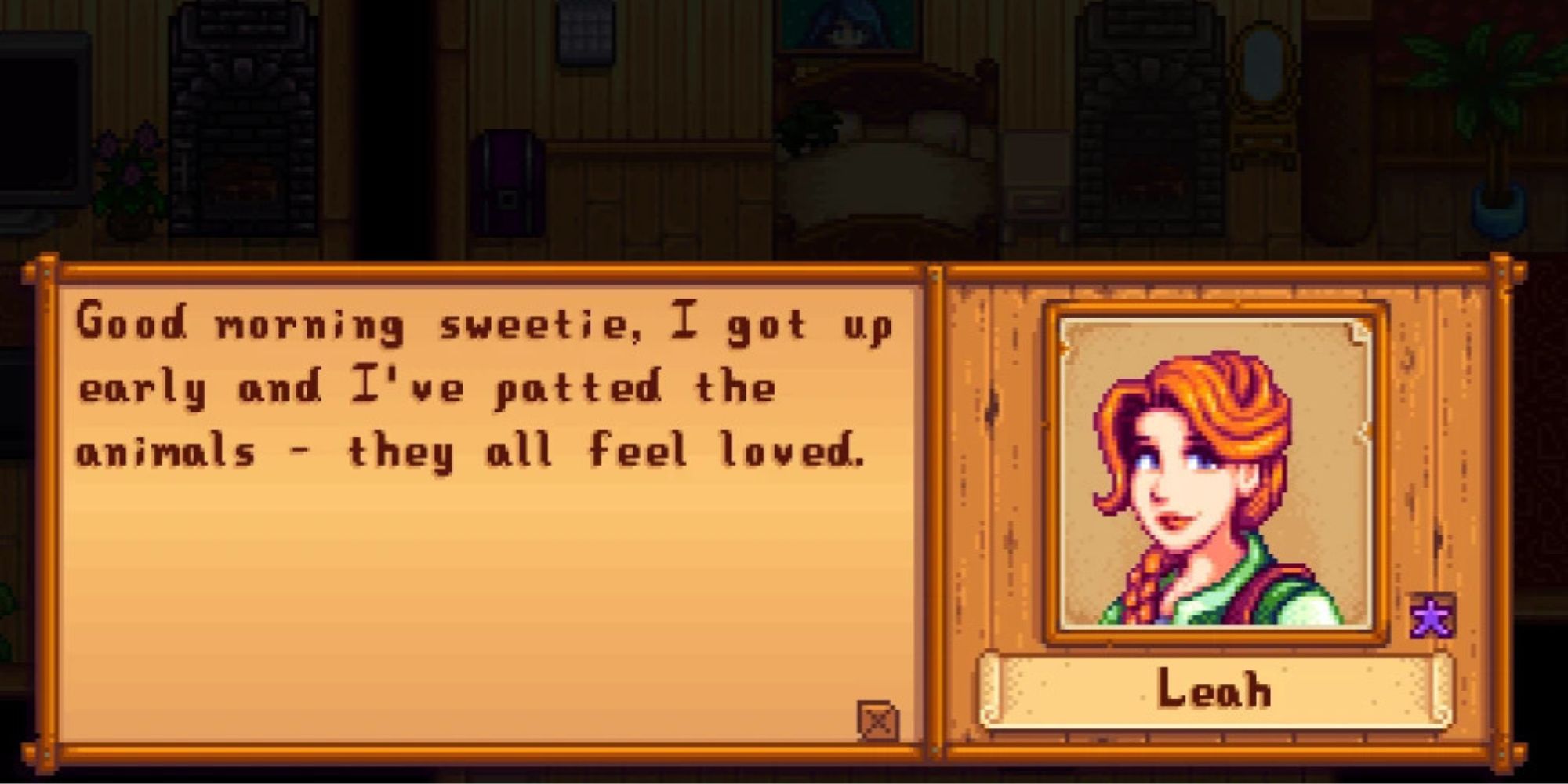 Leah telling the player she has pet the animals in Stardew Valley