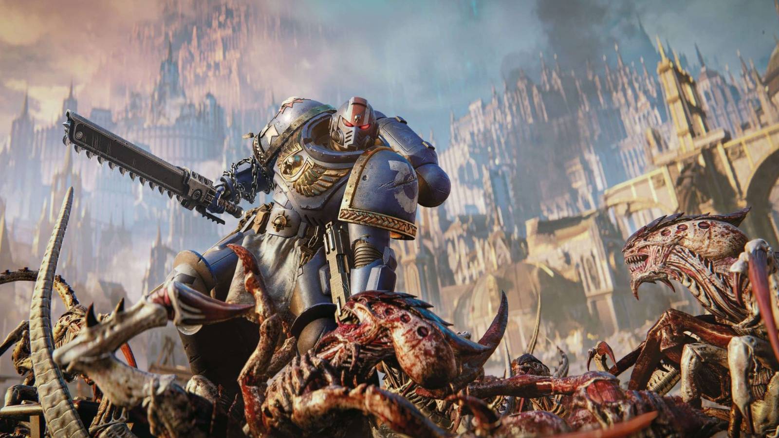 A Space Marine battling a horde of Warhammer Tyranids