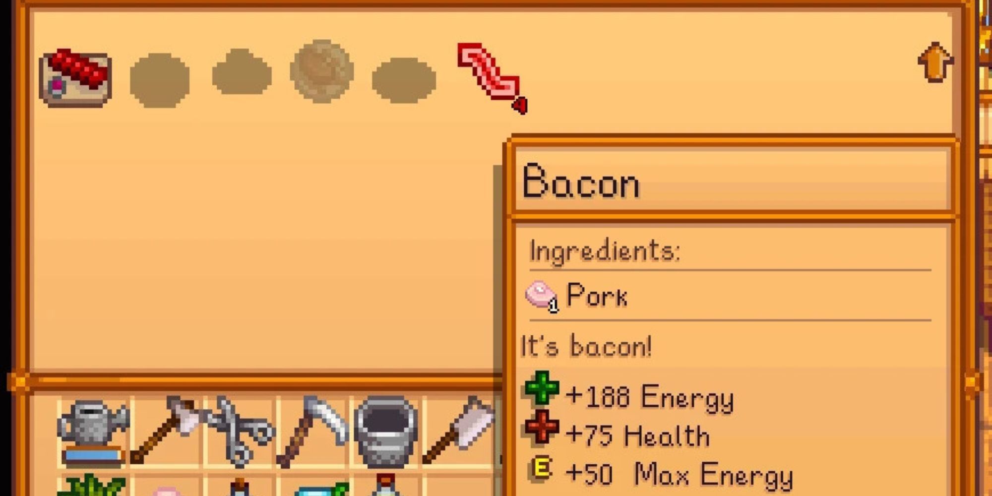 Player looking at Bacon from Animal Husbandry mod in Stardew Valley