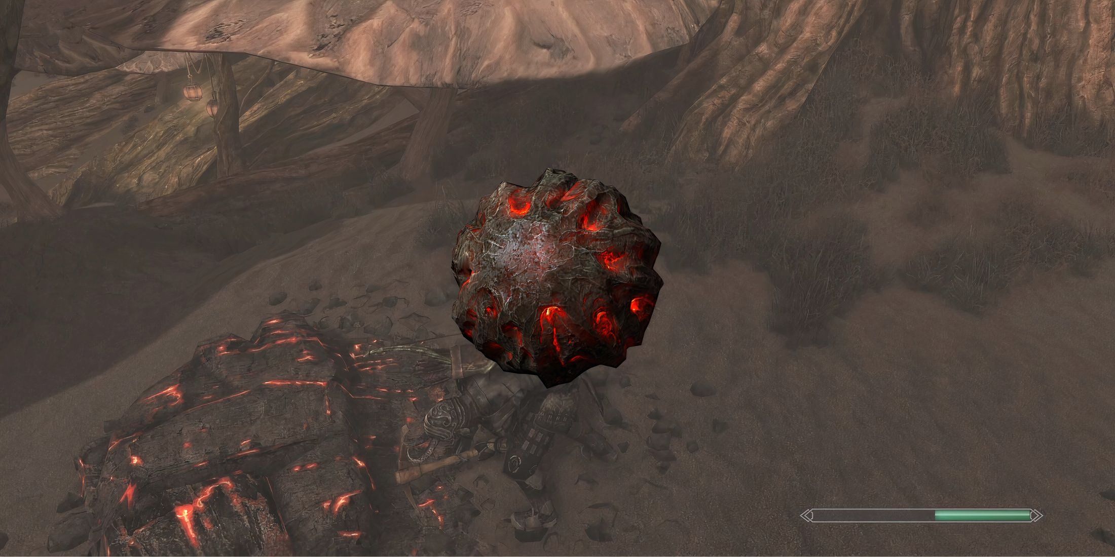Heart Stone from Skyrim with a player mining it in the background