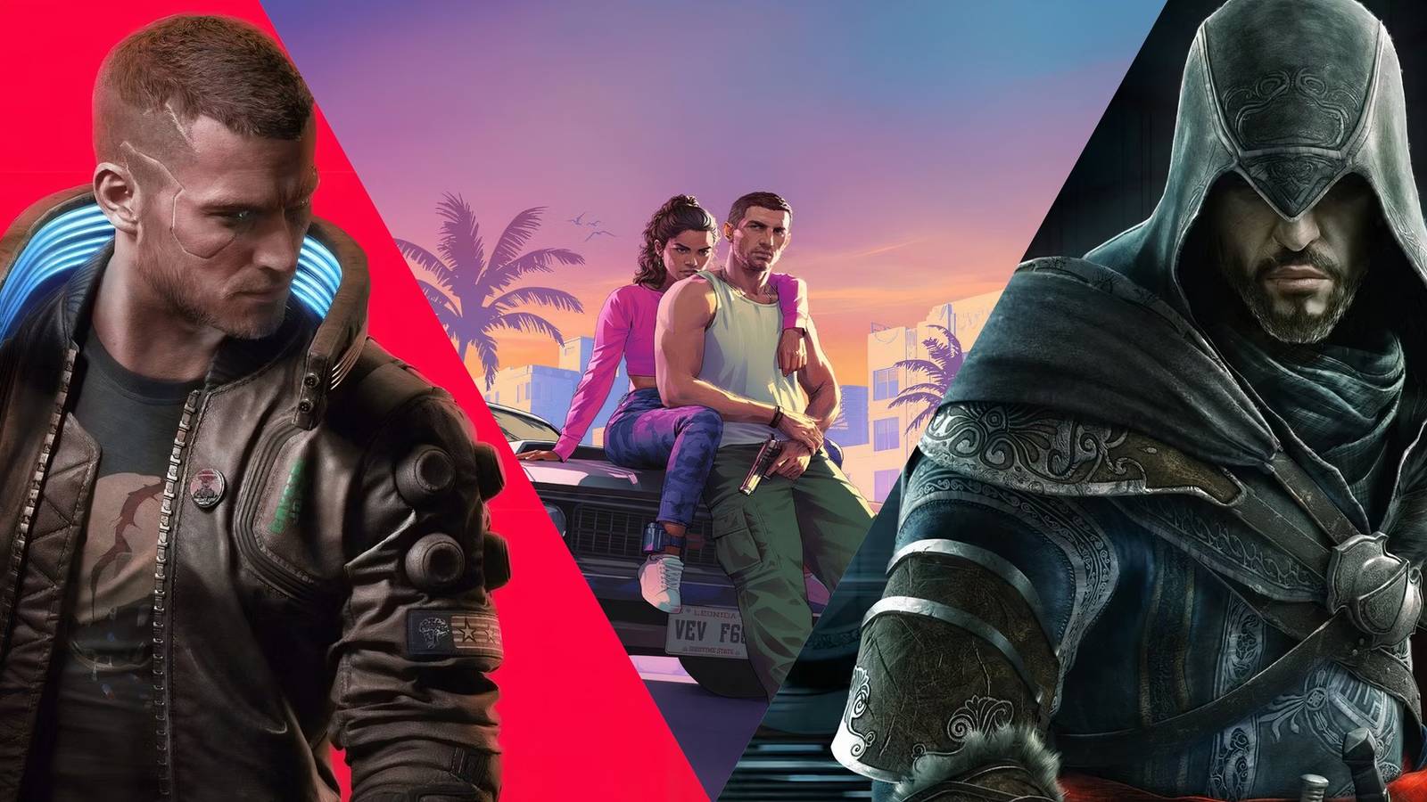 V from Cyberpunk 2077, Lucia & Jason from GTA 6, and Ezio Auditore in Assassin's Creed Revelations