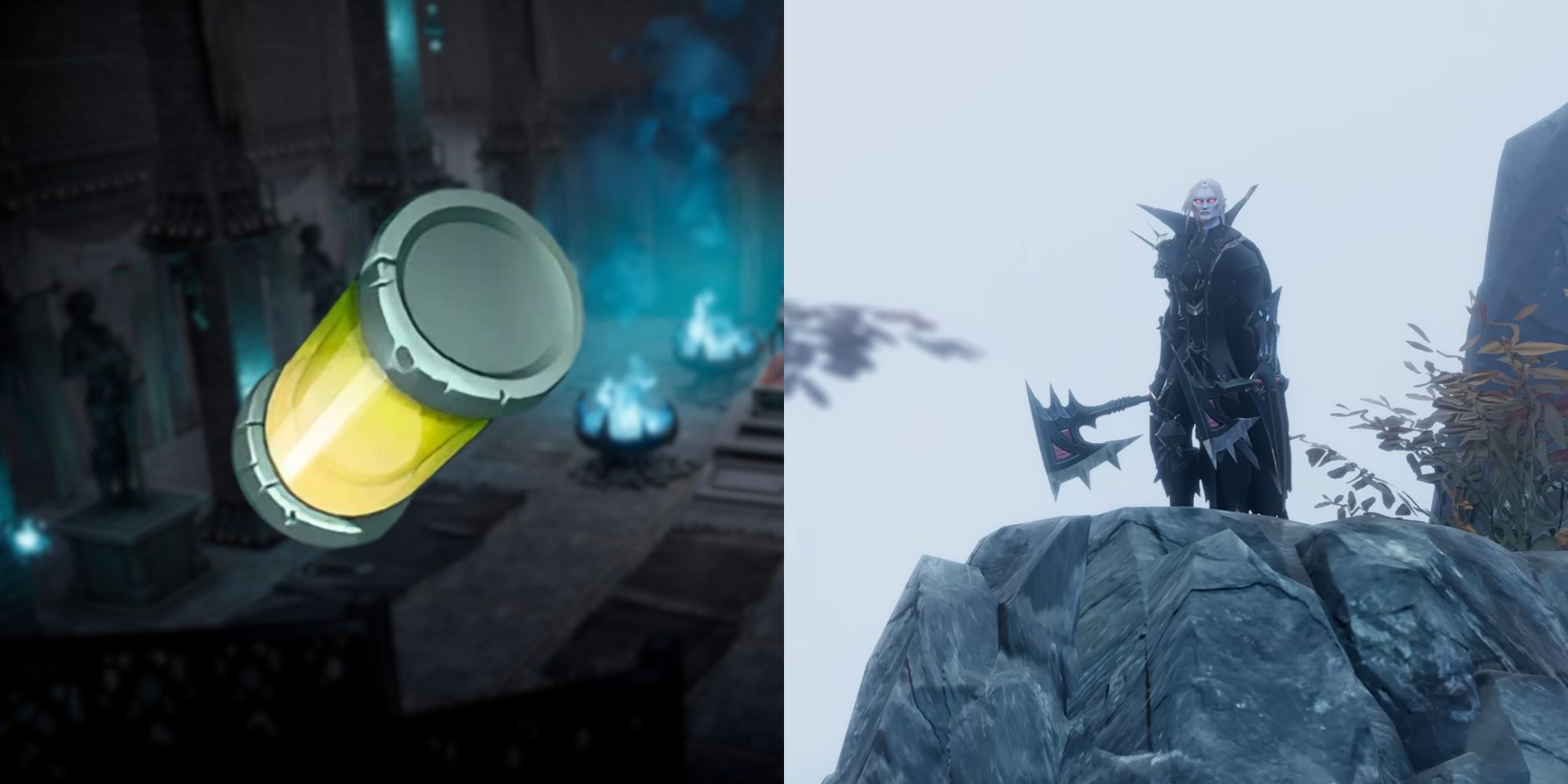Collage of Sludge-filled Canister and Vampire in V Rising