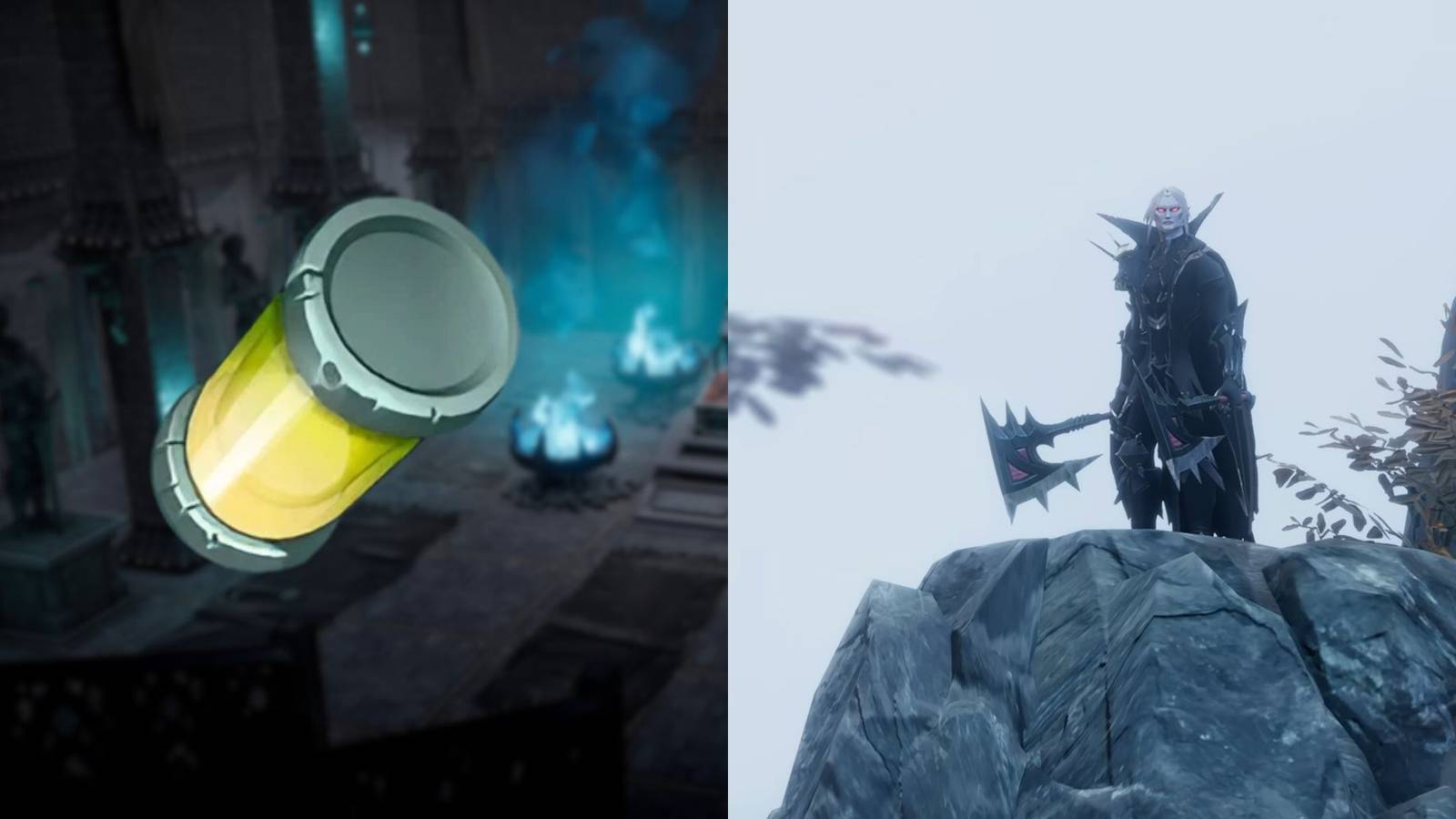 Collage of Sludge-filled Canister and Vampire in V Rising