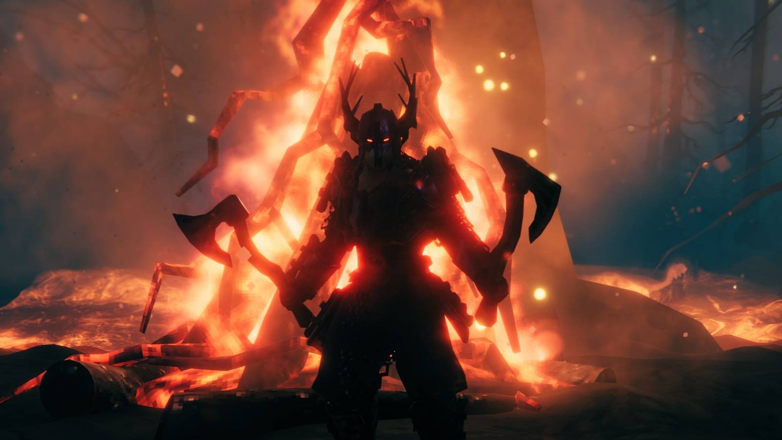 A character wielding hatchets surrounded by flames in Valheim
