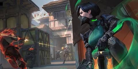 A promotional visual for Valorant featuring multiple playable Agents including Viper.