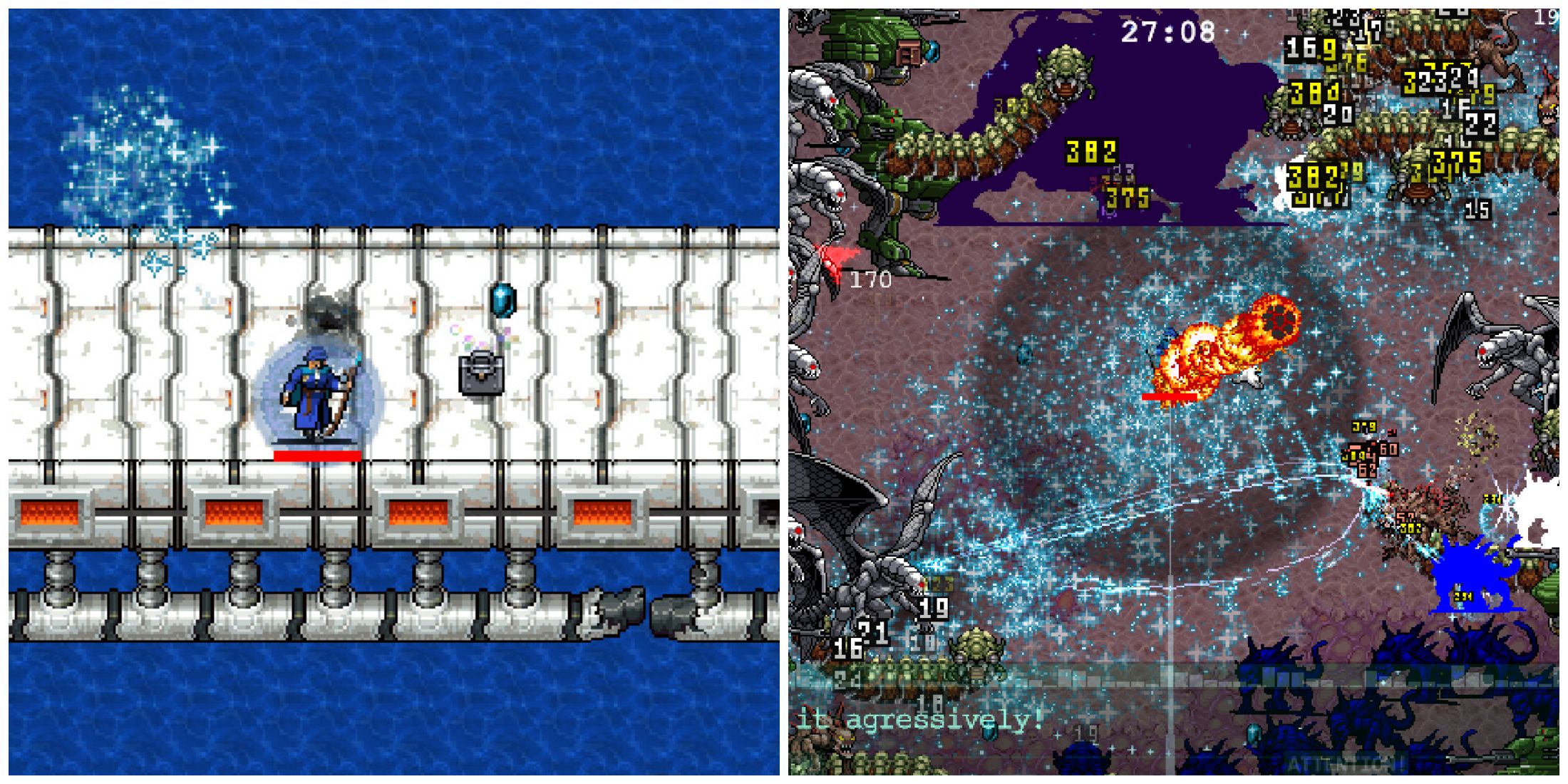 Split image of the Weapon Power Up and a player battling enemies in the new Neo Galuga map in Vampire Survivors