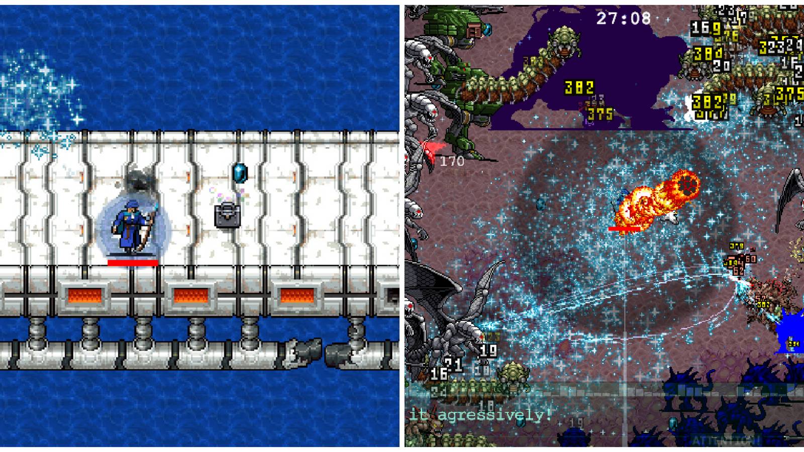 Split image of the Weapon Power Up and a player battling enemies in the new Neo Galuga map in Vampire Survivors