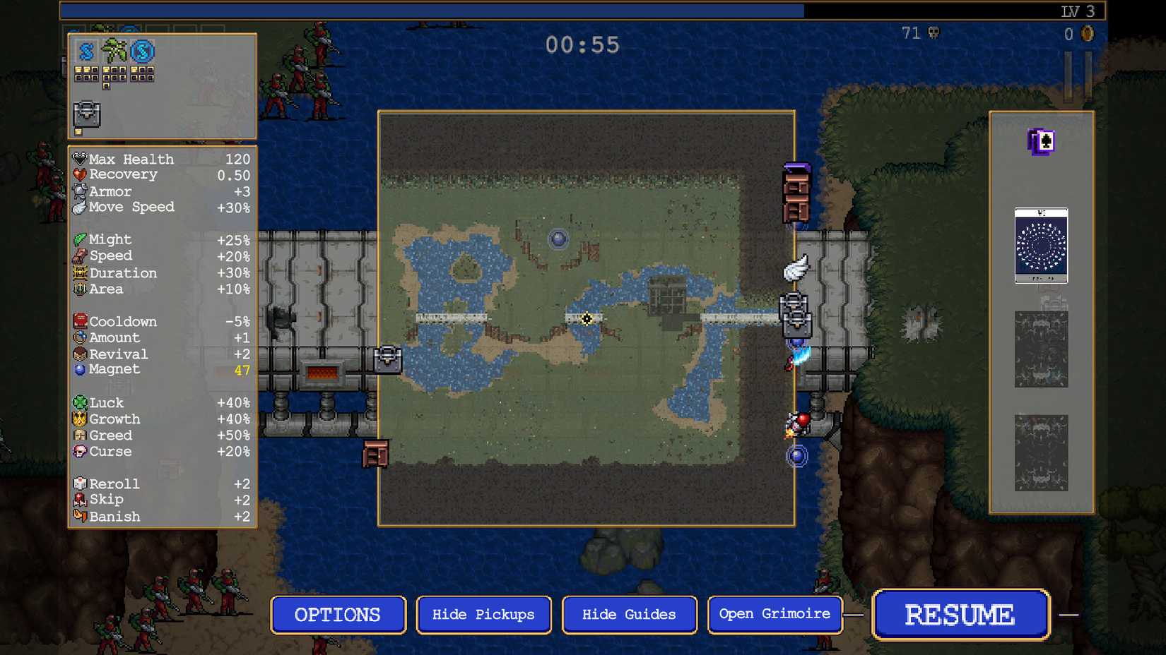 Image of the weapon power up labeled on the map in Vampire Survivors