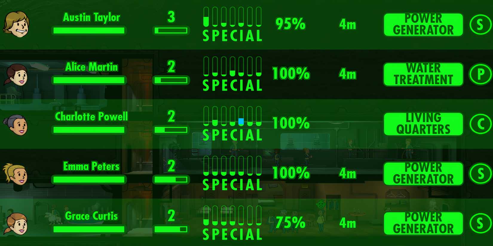 Looking at the Vault Dweller menu to see their Special stats in Fallout Shelter