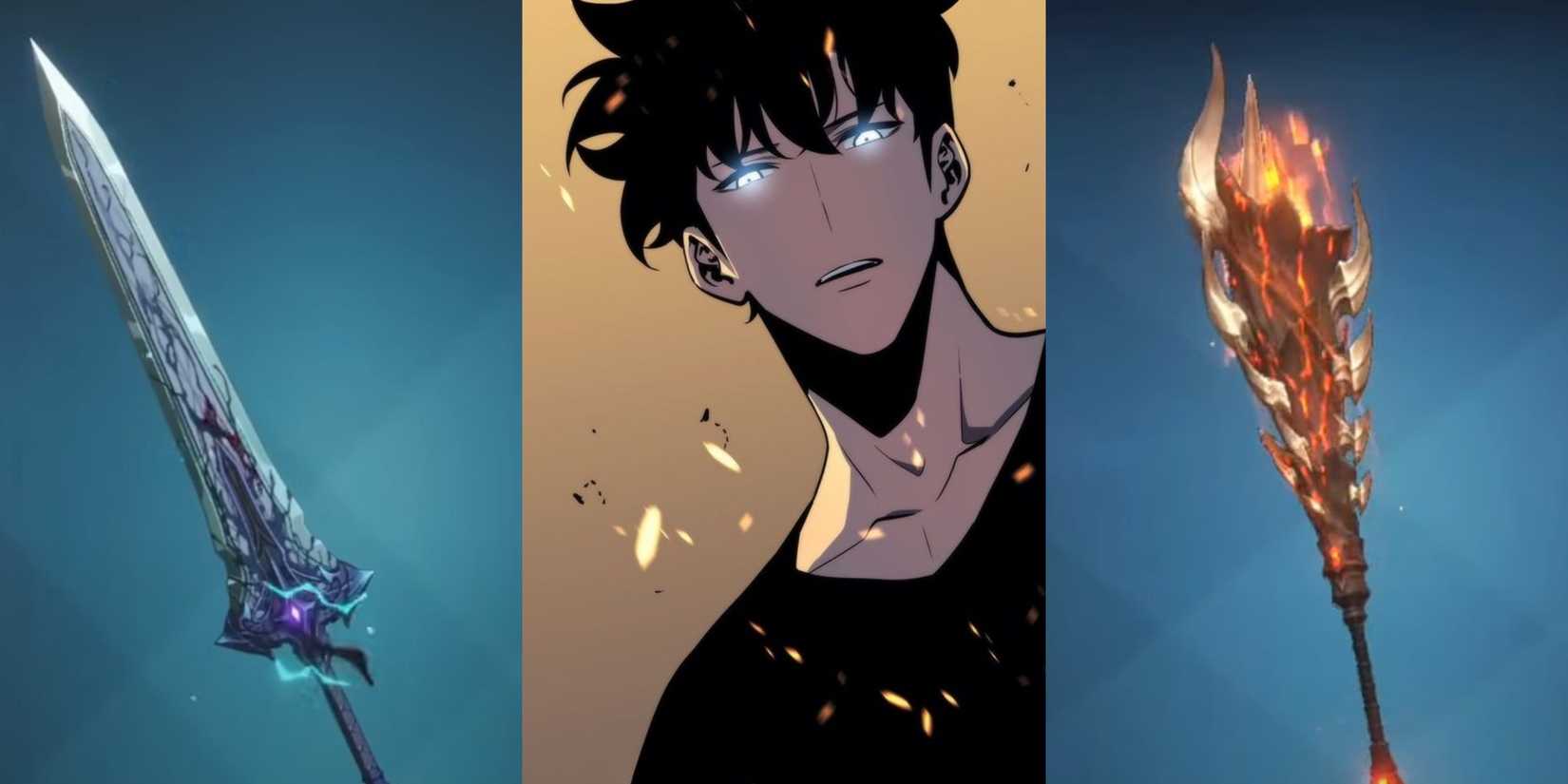 Vulcan's Rage and Demon King's Longsword weapons with jinwoo in middle