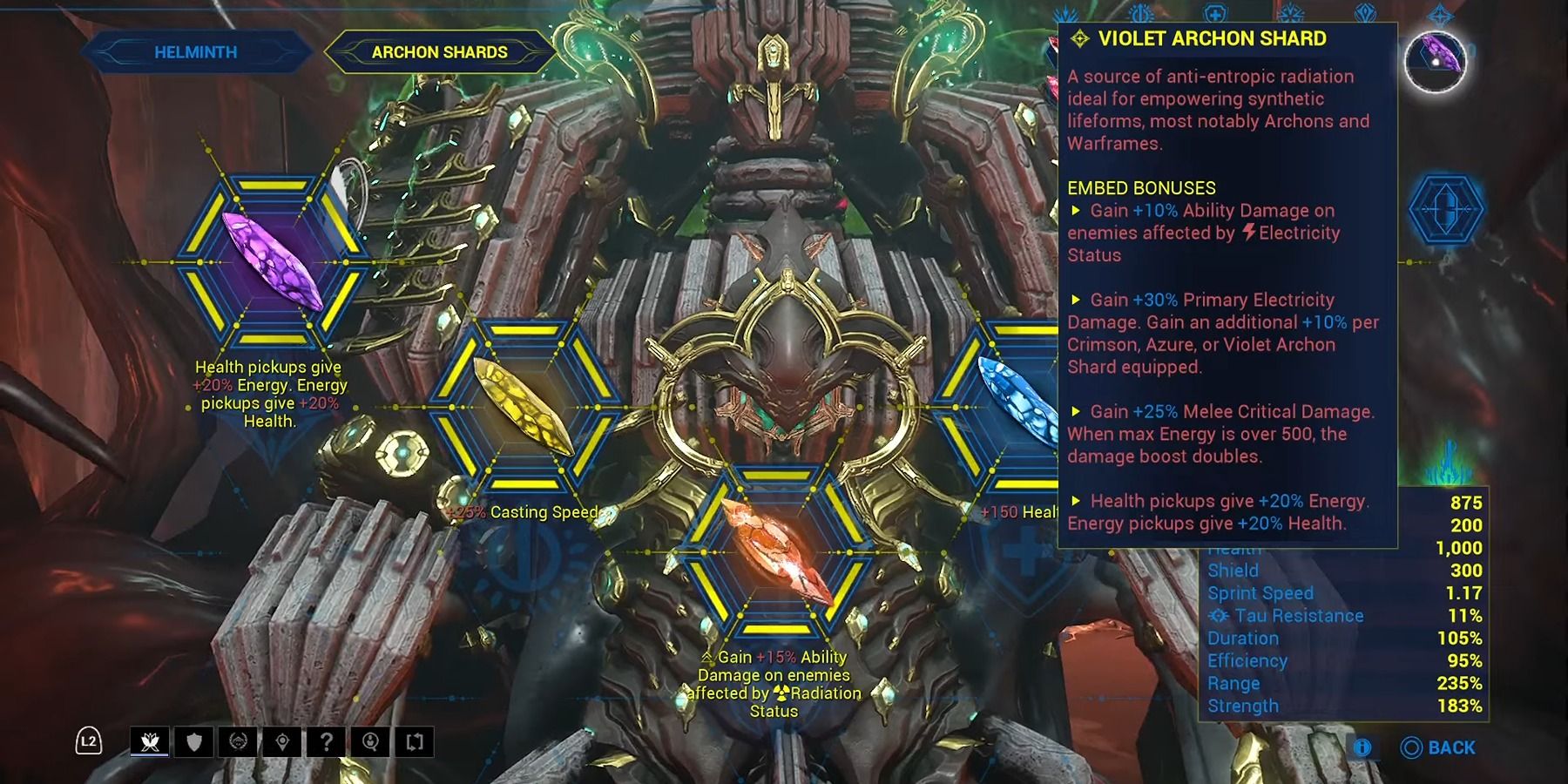 Violet Archon Shards Stats showcased for Warframe