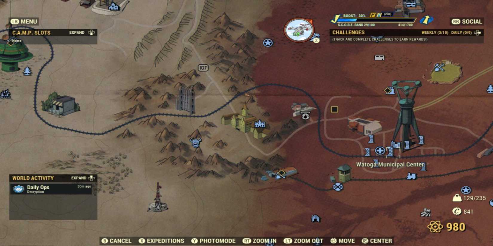 The location for Watoga Municipal Center marked on the map in Fallout 76