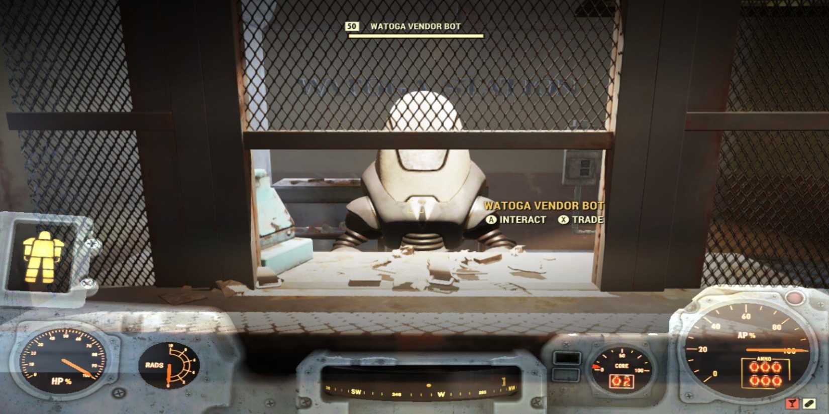 Buying items from the Watoga Vendor Bot at Watoga Station in Fallout 76
