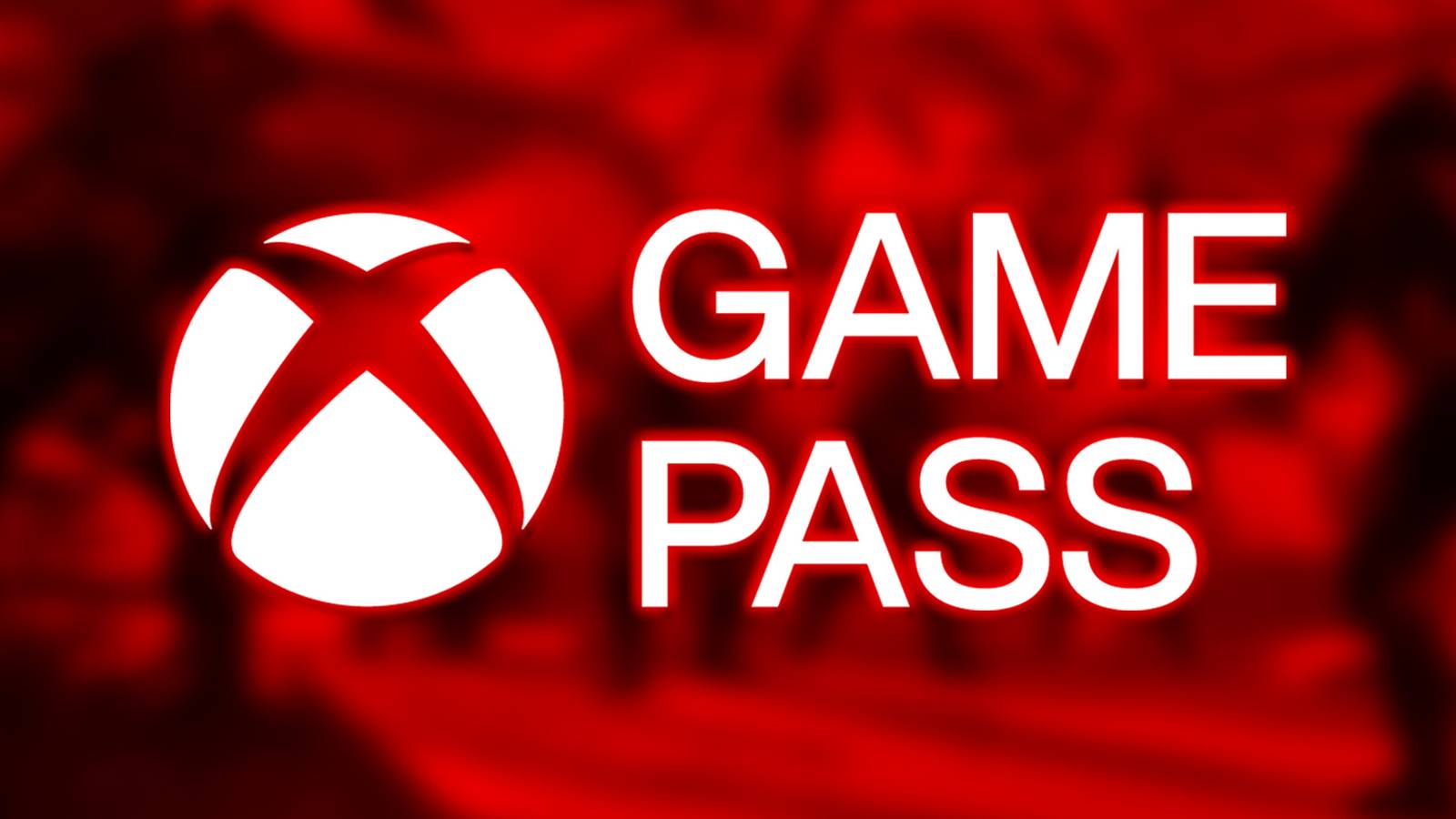 White abridged Xbox Game Pass logo with red outer glow on blurred COD MW3 2023 promo screenshot with dark red overlay