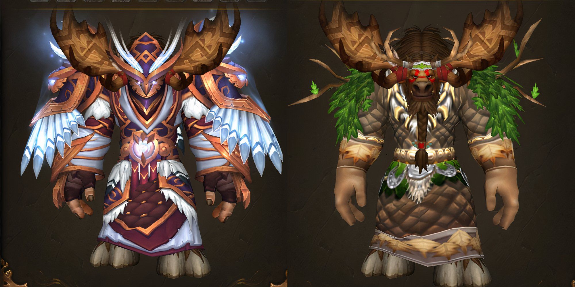 World of Warcraft tauren wearing different druid transmog sets