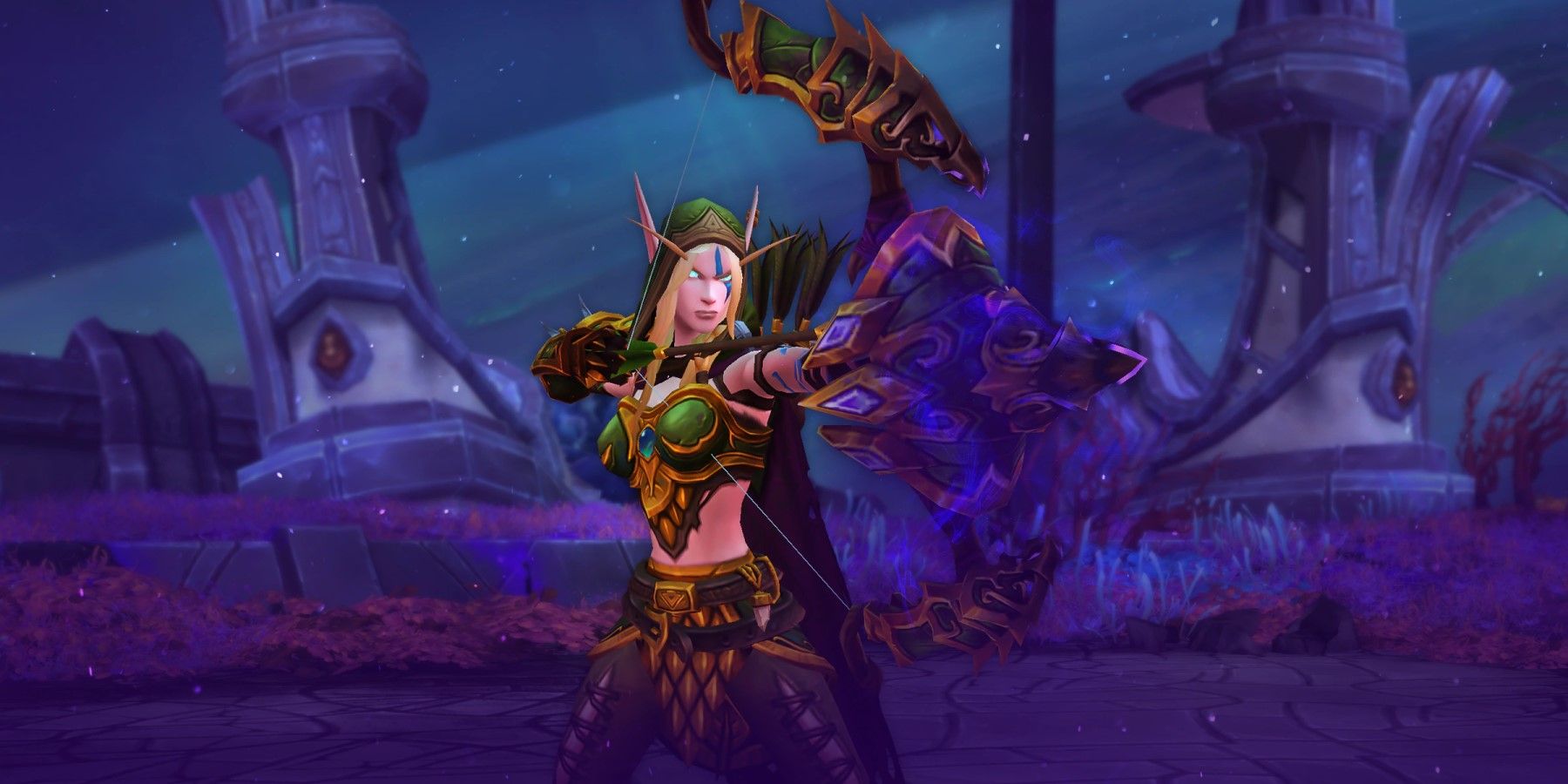 alleria windrunner drawing her bow in front of purple ruins and plants