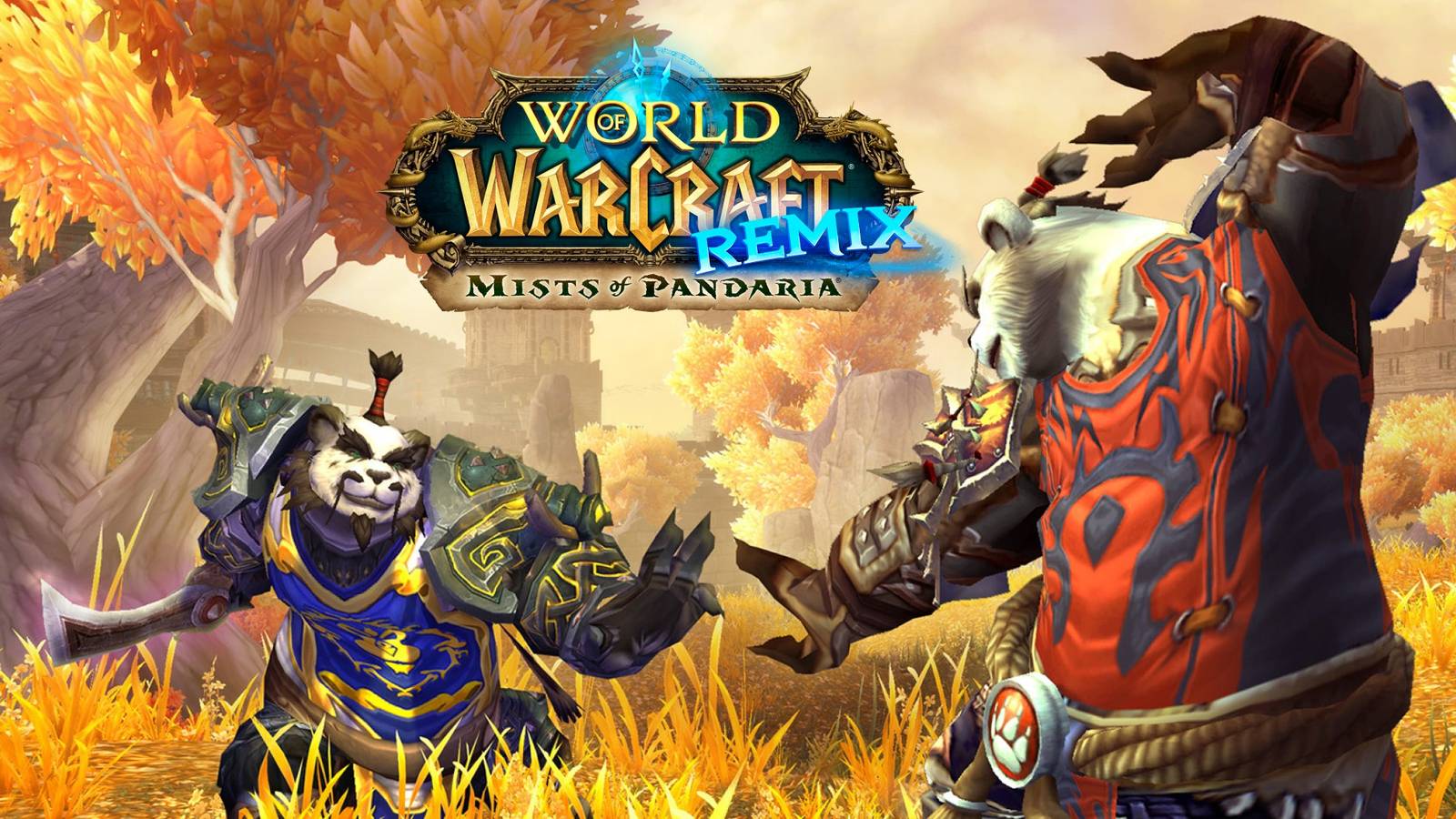 an alliance and horde pandaren dueling in the vale of blossoms