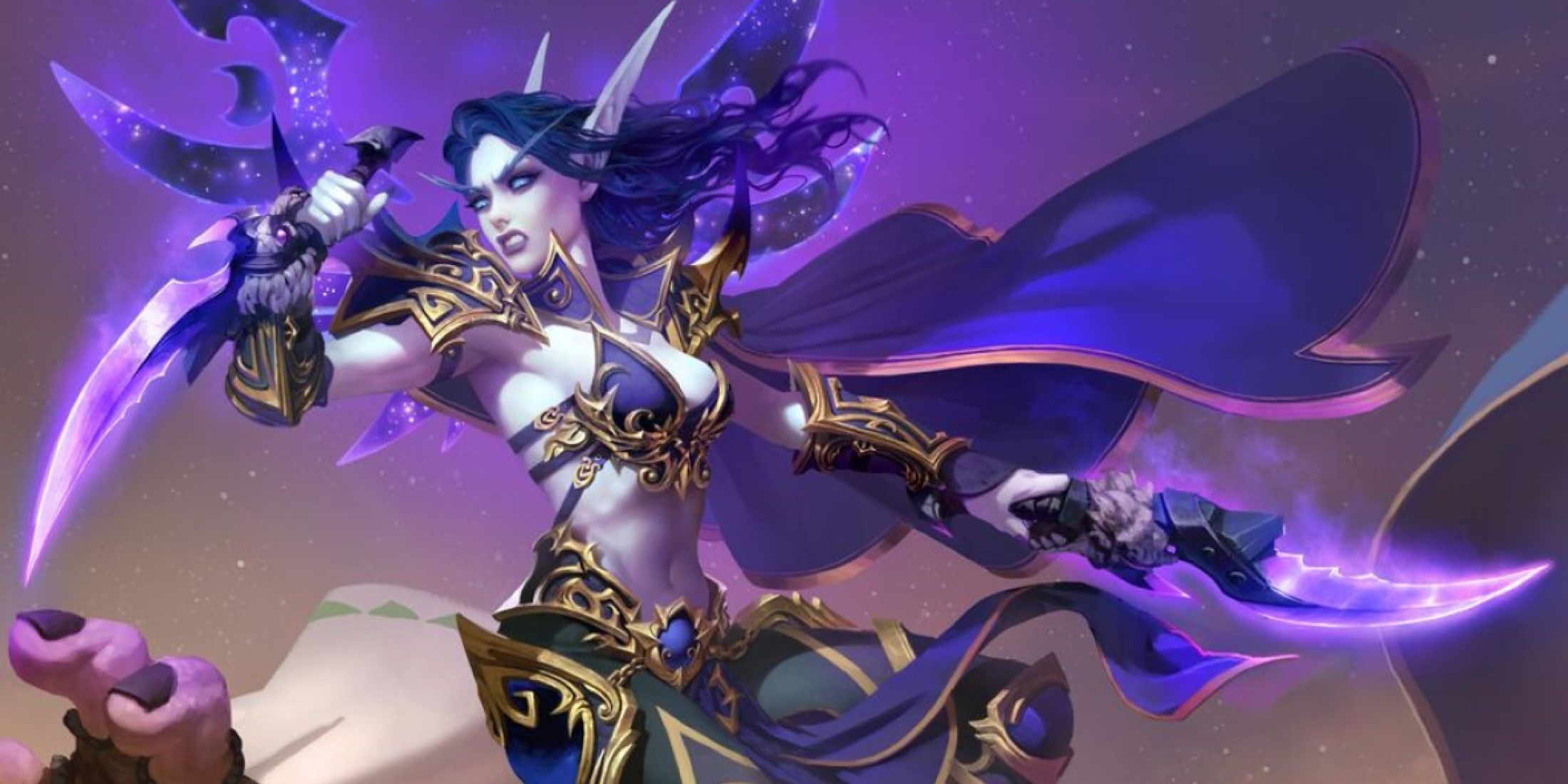 female void elf rogue wielding dark purple weapons from wow allied race