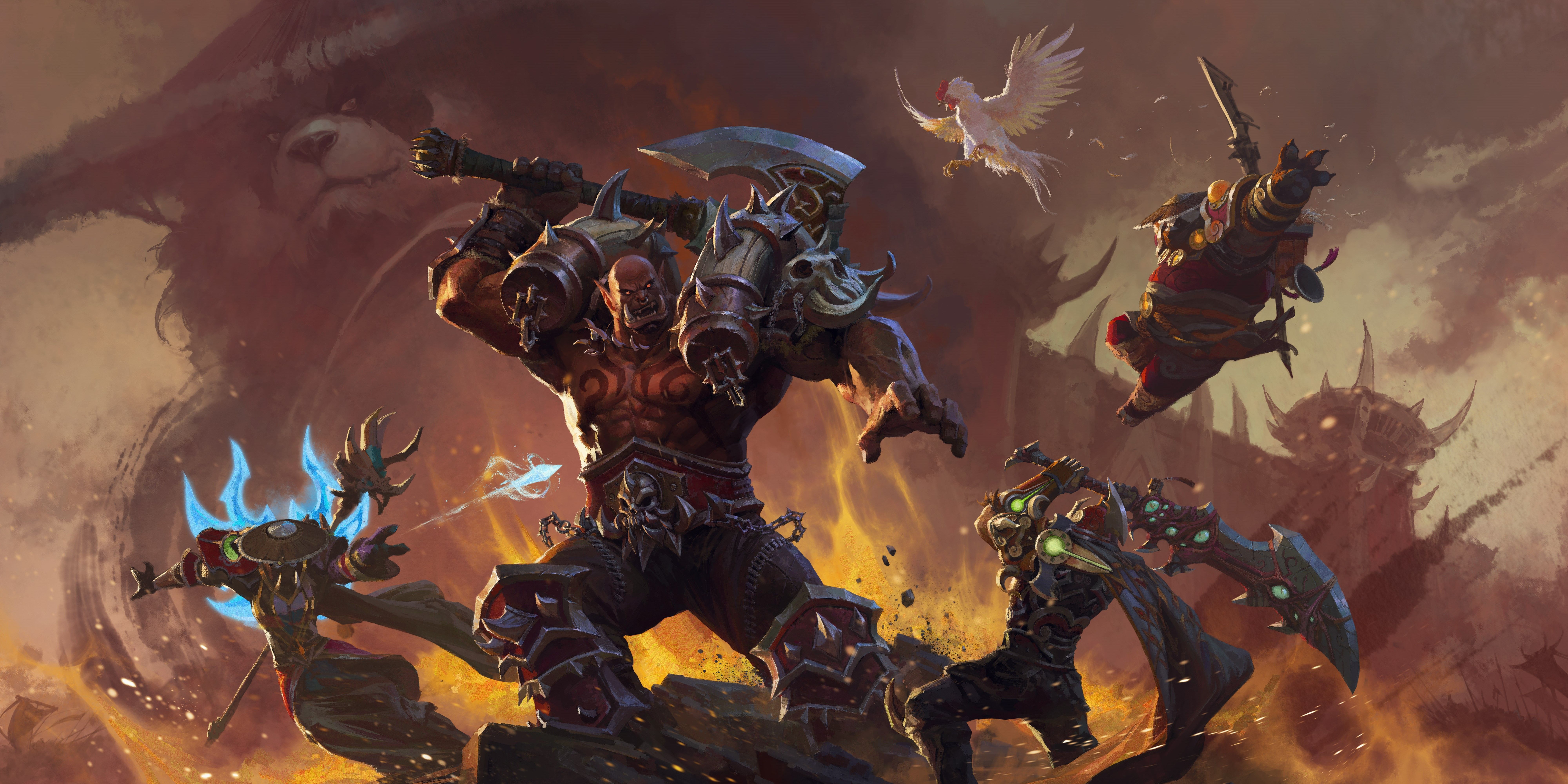 garrosh hellscream fighting WoW characters with chen behind him