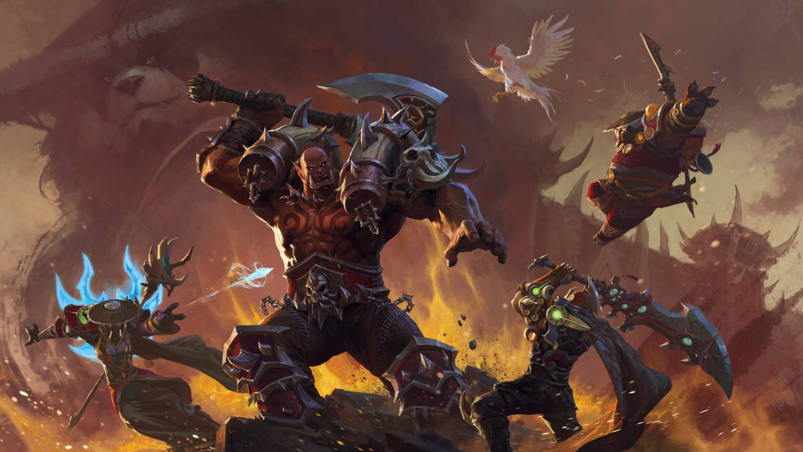 garrosh hellscream fighting WoW characters with chen behind him